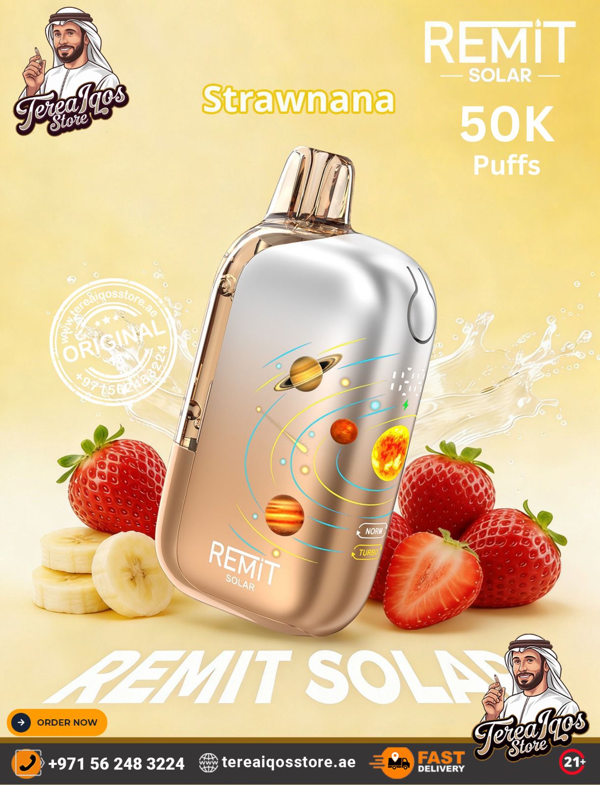 REMIT Solar vape device with strawberries and bananas on a yellow background