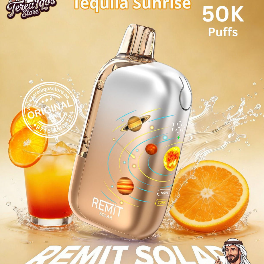 REMiT Solar vape device with tequila sunrise flavor on a gold background with oranges and a glass of orange juice.