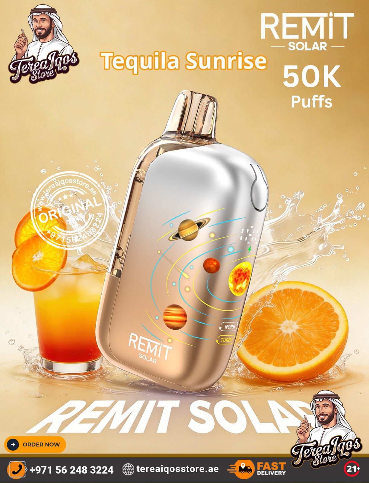 REMiT Solar vape device with tequila sunrise flavor on a gold background with oranges and a glass of orange juice.
