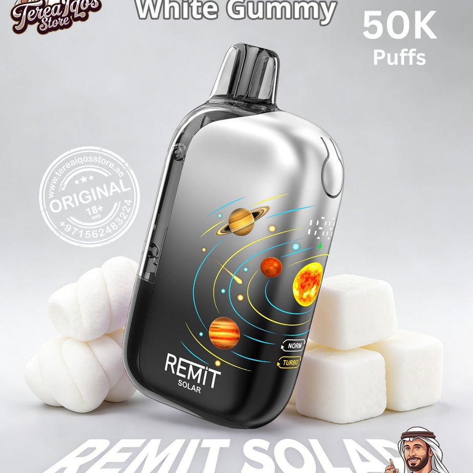REMiT Solar vape device with white gummies on a gray background