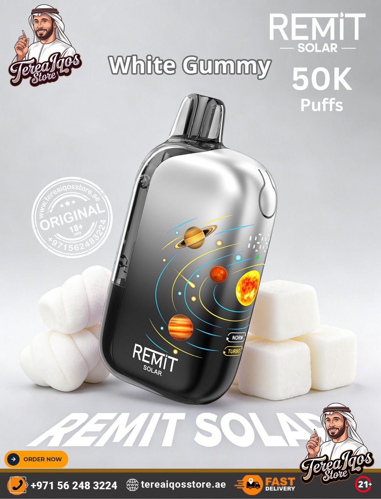 REMiT Solar vape device with white gummies on a gray background
