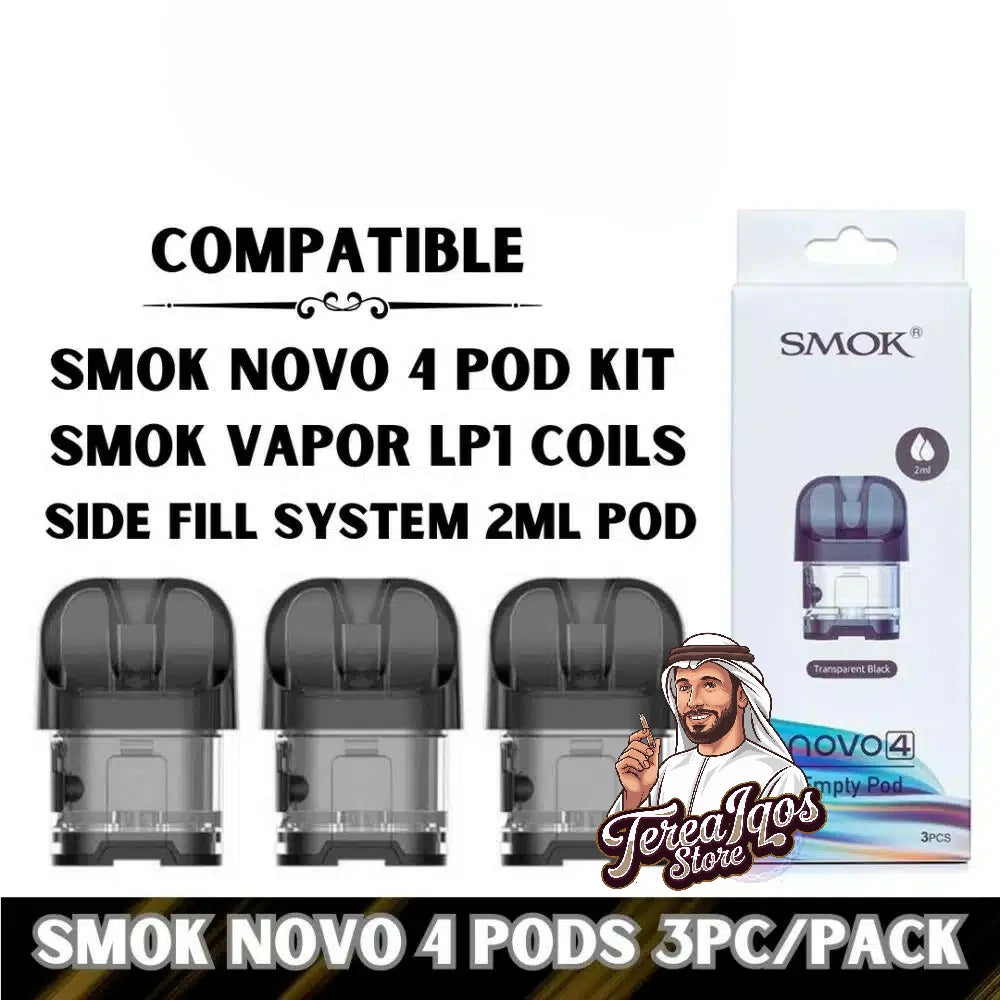 Smok Novo 4 Pod Kit packaging with three pods and a box .