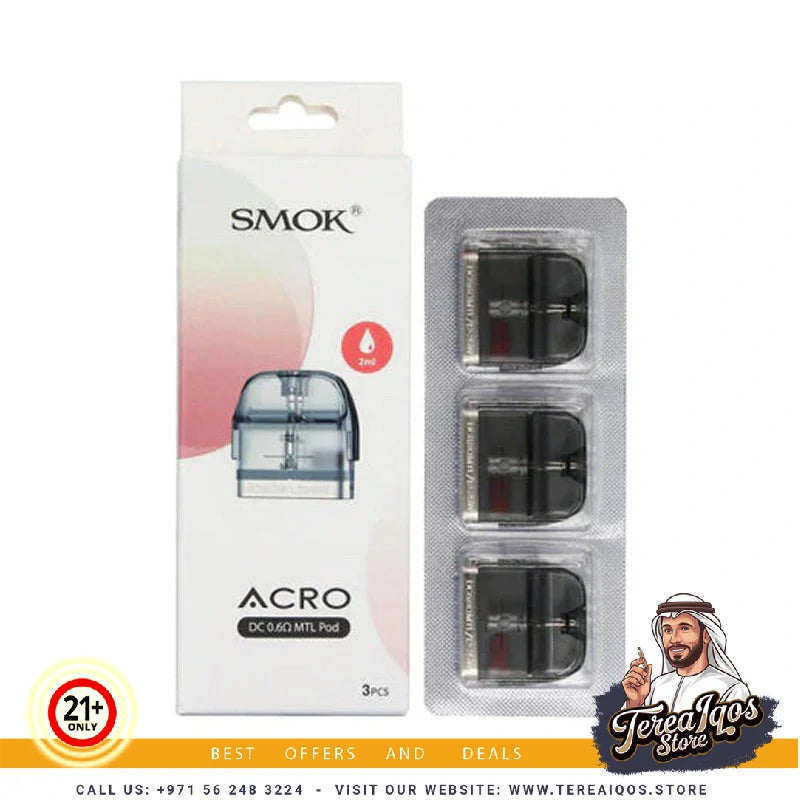 Smok ACRO vaping device packaging with three pods.