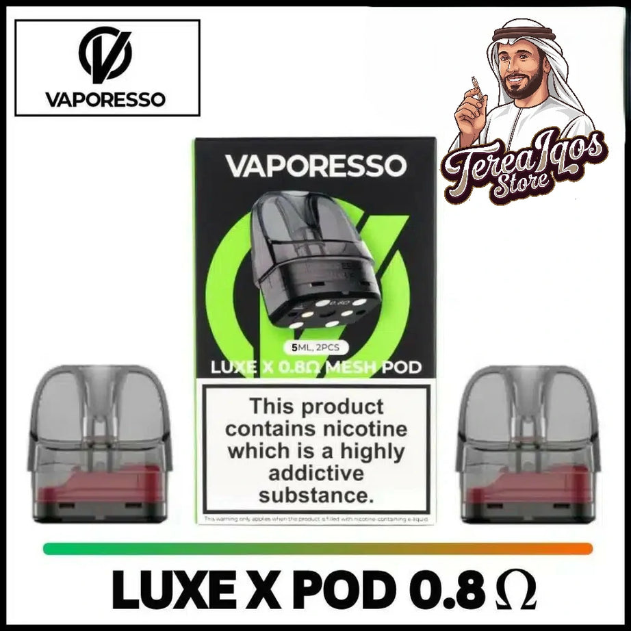 Vaporesso Luxe X pod 0.8 ohm with packaging and branding.