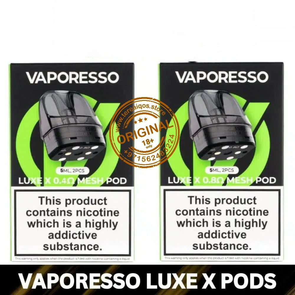 Two Vaporesso Luxe X mesh pods packaging with nicotine warning labels.