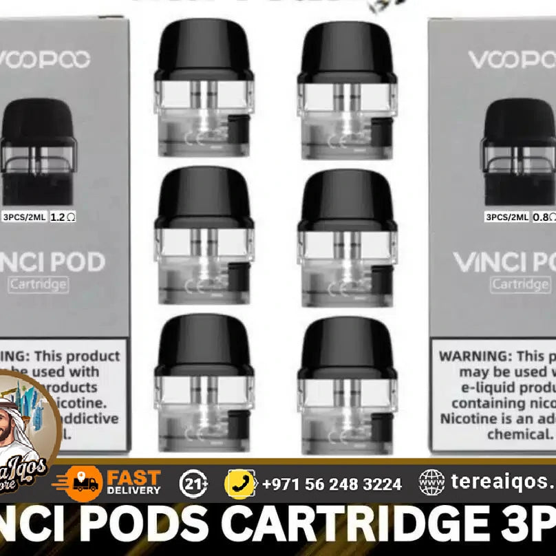 VOOPCO Vinci Pod Cartridge packaging with warning labels and branding.