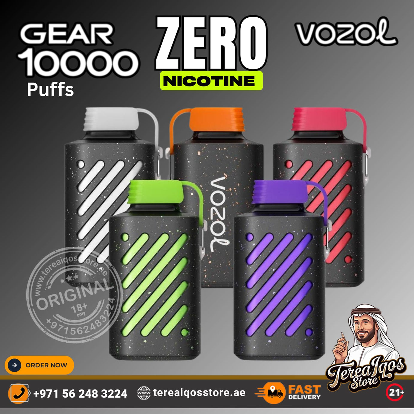 Vozol vaping devices with colorful lids on a dark background, featuring branding and contact information.