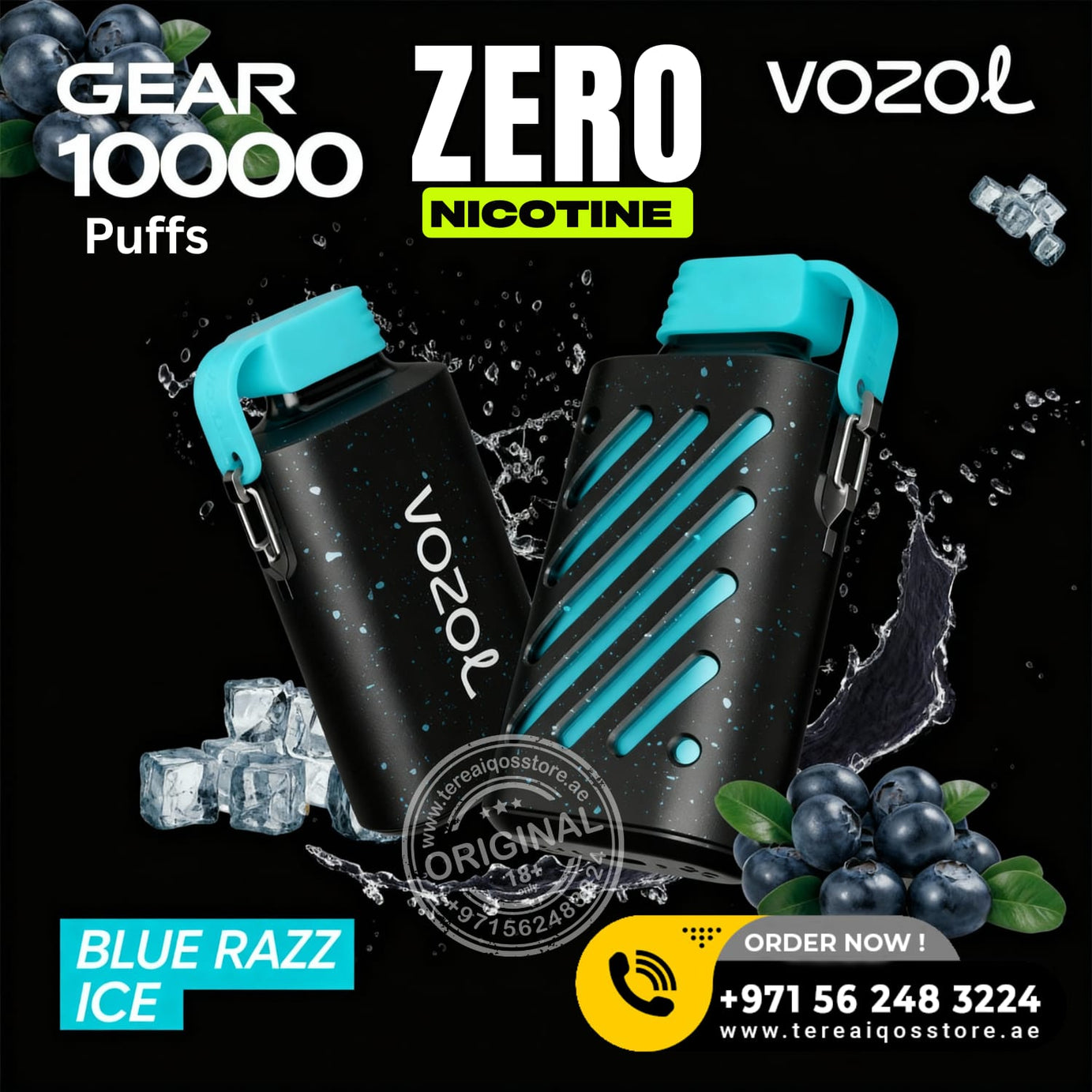VOZOL vaping device with blue accents on a black background with ice cubes and blueberries.