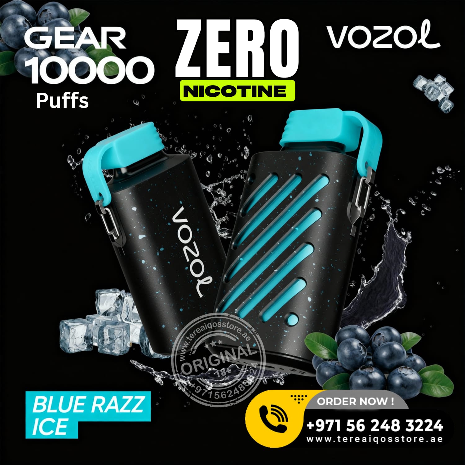 VOZOL vaping device with blue accents on a black background with ice cubes and blueberries.