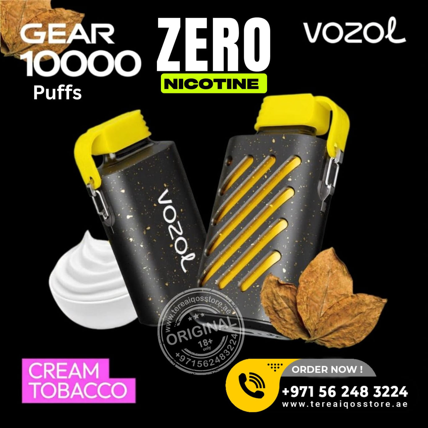 VOZOL vaping device with 'Cream Tobacco' flavor on a black background
