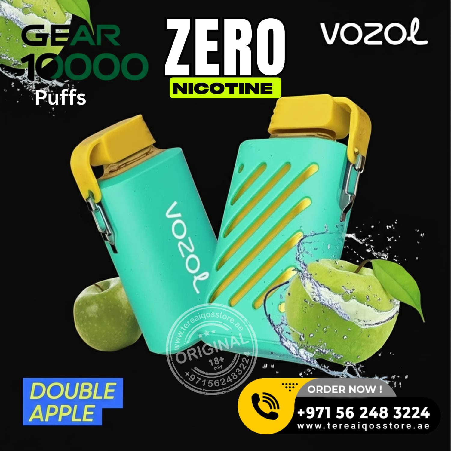 Teal and yellow VOZOL vaping device with green apples and water splashes on a black background.