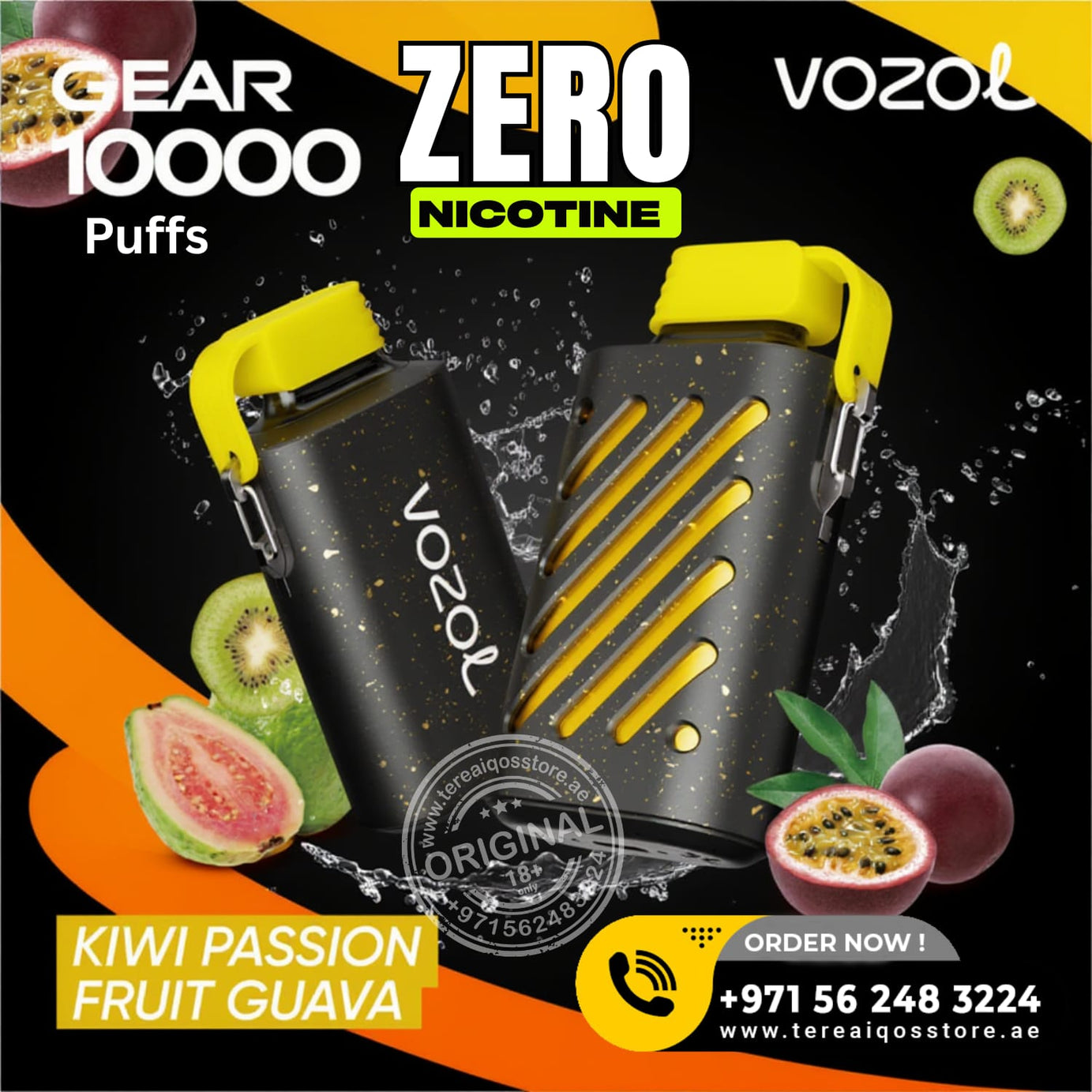 VOZOL vaping device with kiwi, passion fruit, and guava on a black background