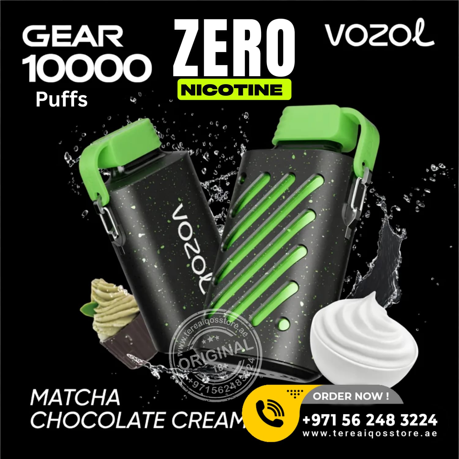 VOZOL vaping device with green accents on a black background, featuring text about puffs and nicotine levels.