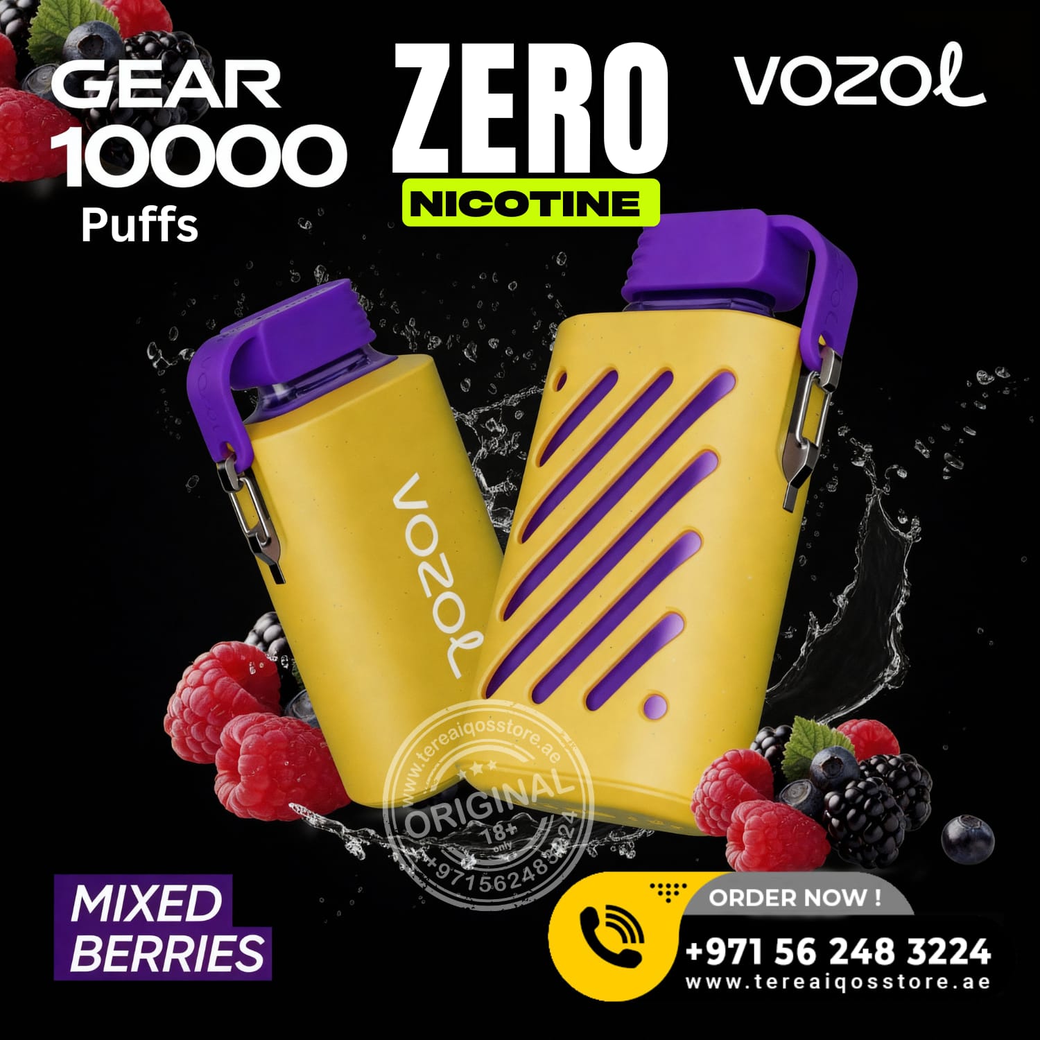 Yellow and purple VOOZOL vape device with berries on a black background