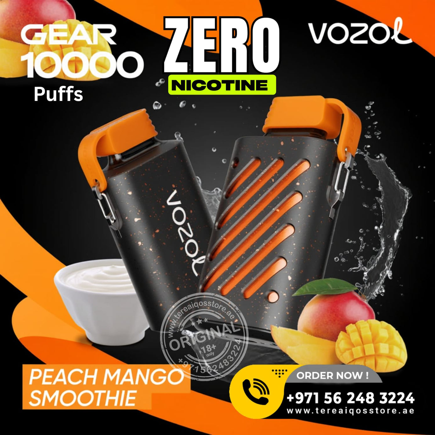 VOZOL vaping device with peach mango smoothie flavor on a colorful background