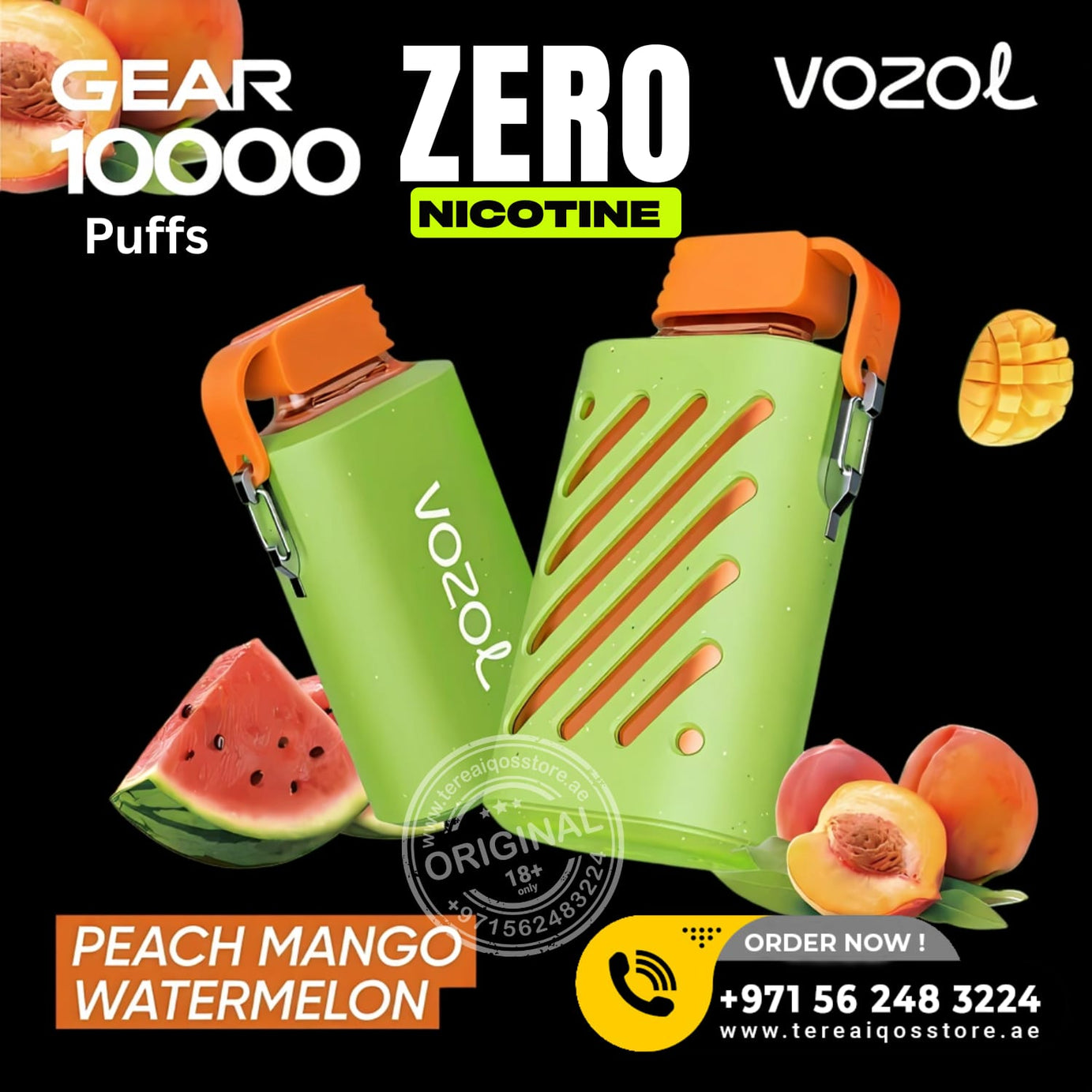 VOZOL vape device with peach, mango, and watermelon graphics on a black background