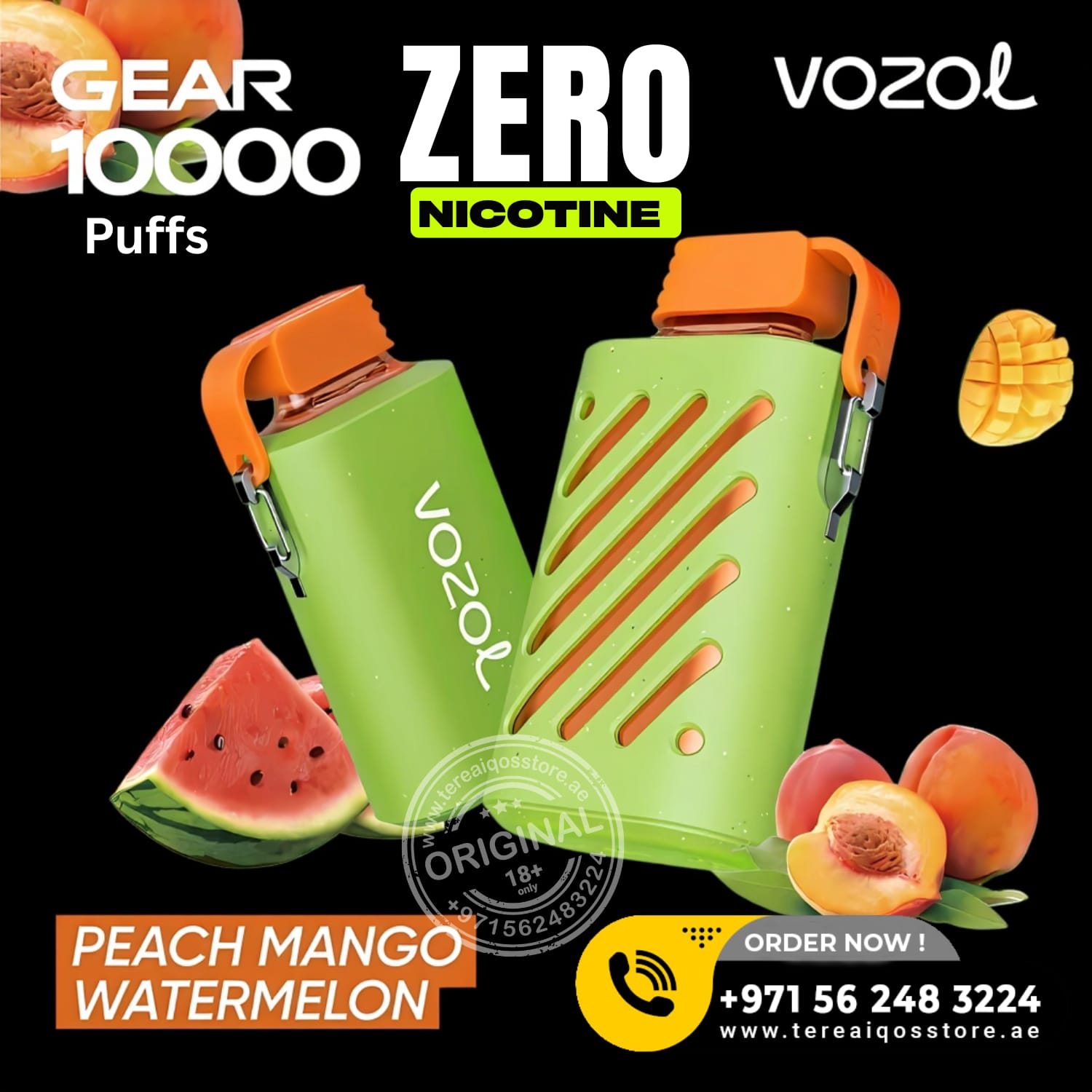 VOZOL vape device with peach, mango, and watermelon graphics on a black background