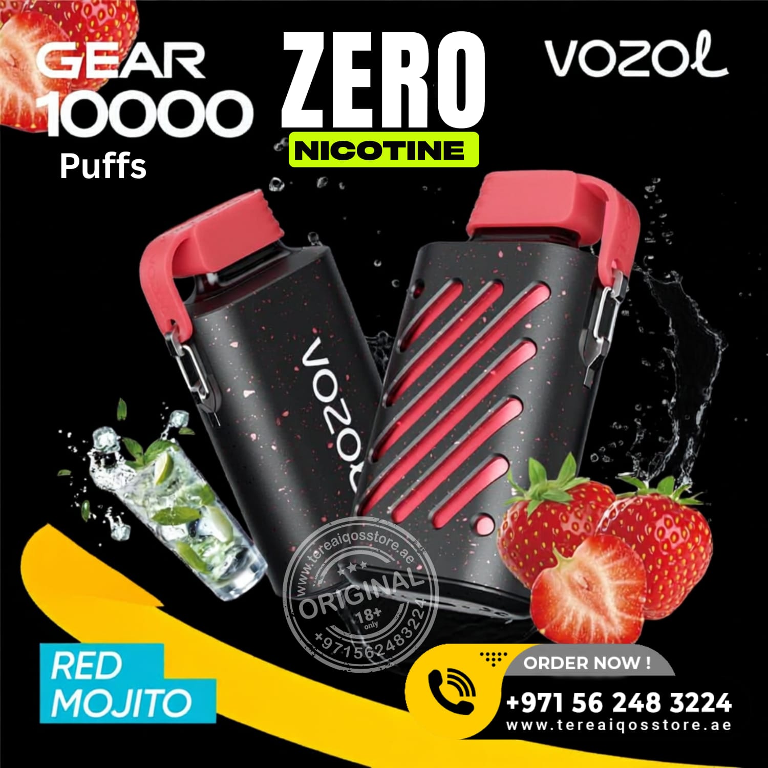 VOZOL vaping device with red and black design, surrounded by strawberries and mint leaves on a dark background.
