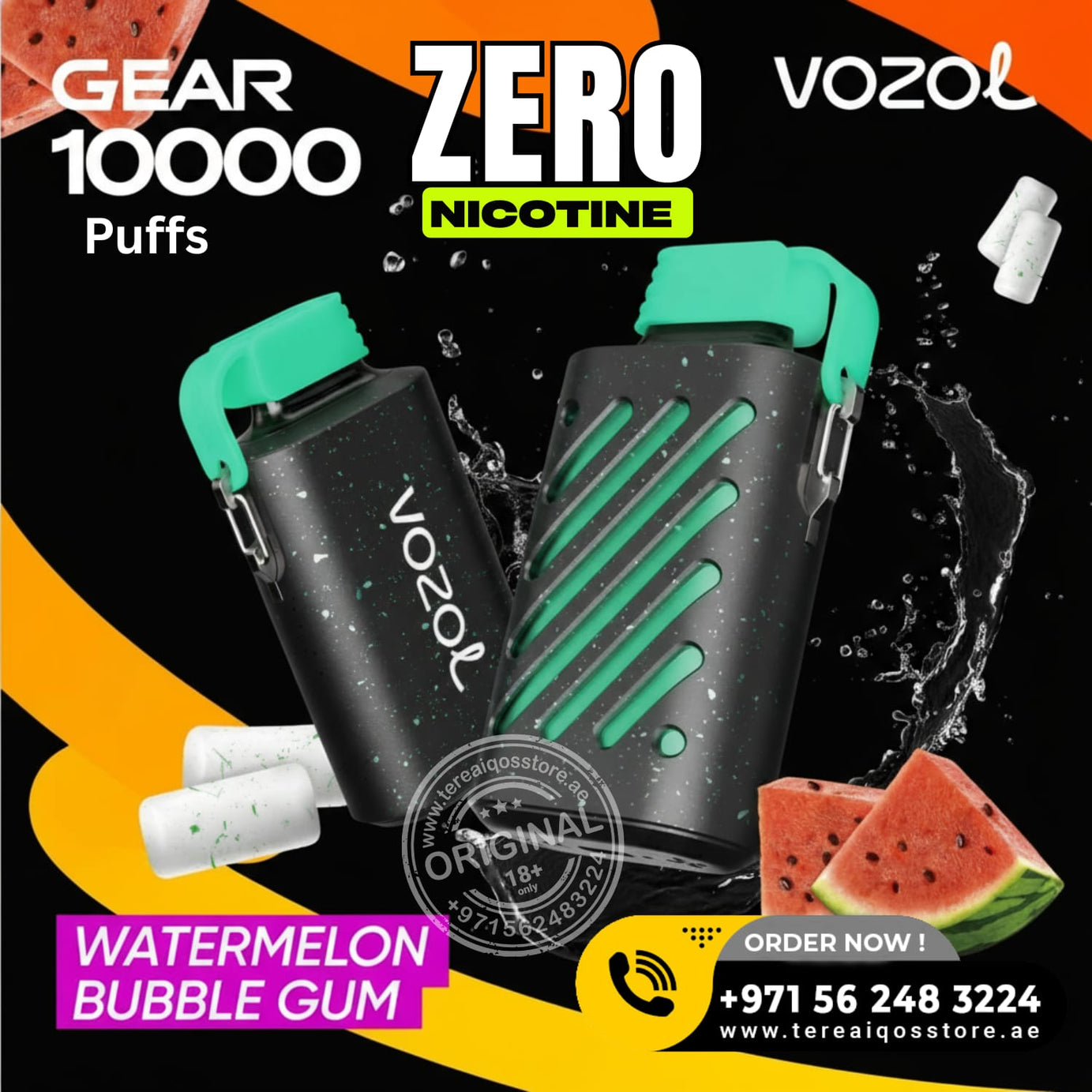 Vozol vaping device with watermelon bubble gum flavor on a colorful background