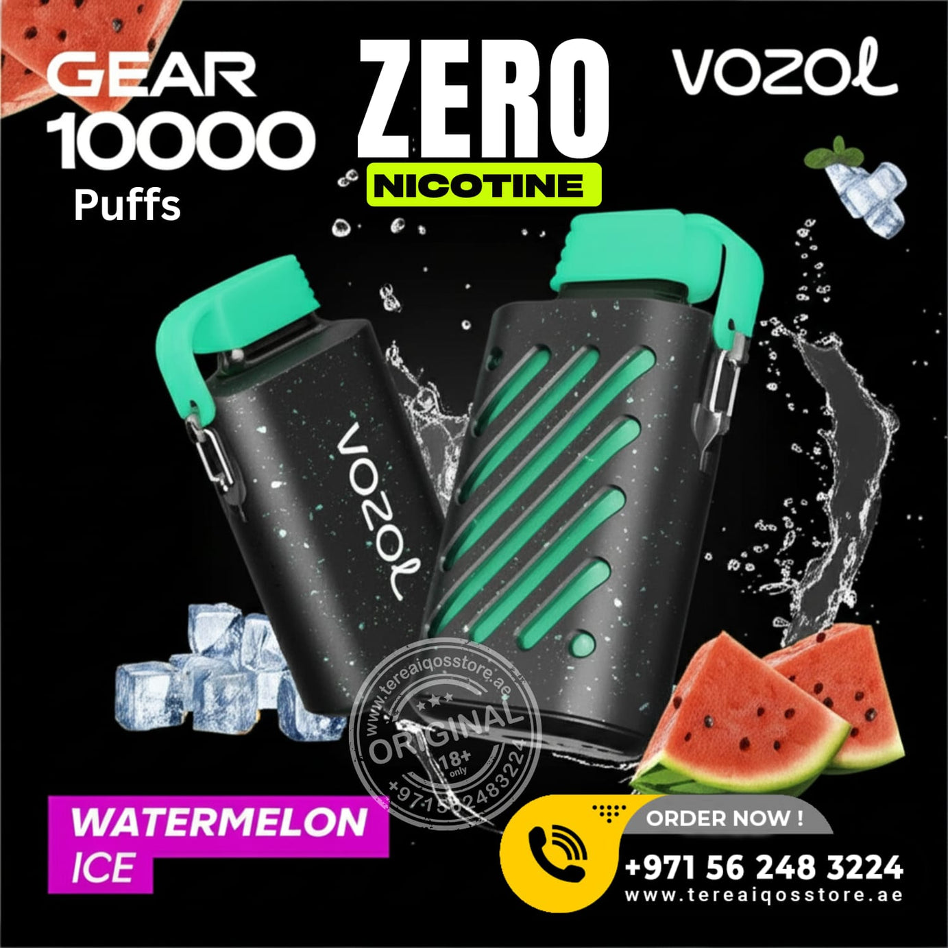 Vozol vaping device with watermelon ice flavor on a black background