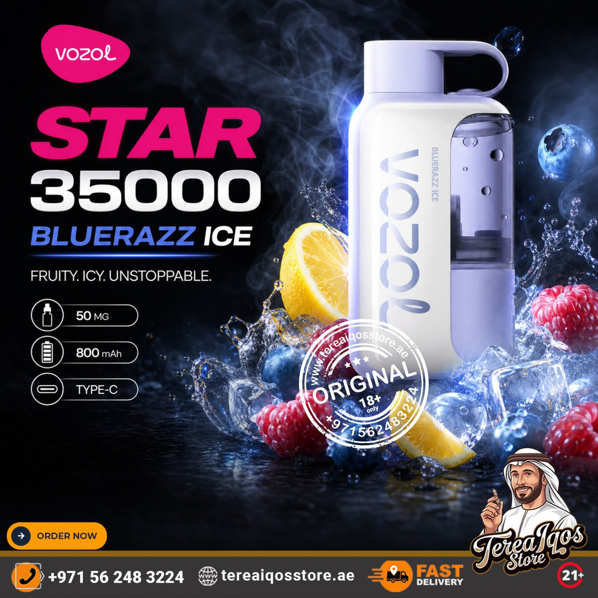 Vozol Star 35000 Puffs Disposable Vape  Blue Razz Ice