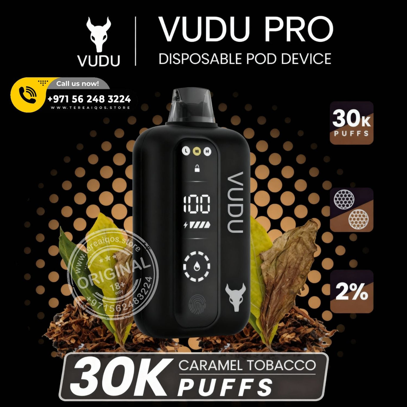 Vudu Pro 30,000 Puffs Disposable Vape Watermelon Ice Caramel Tobacco flavor