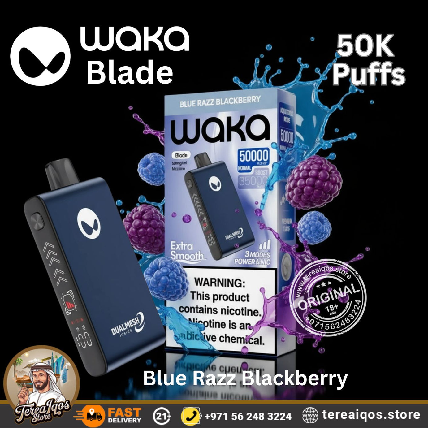 Waka Blade 50000 Puffs Disposable Vape Blue Razz Blackberry Flavor