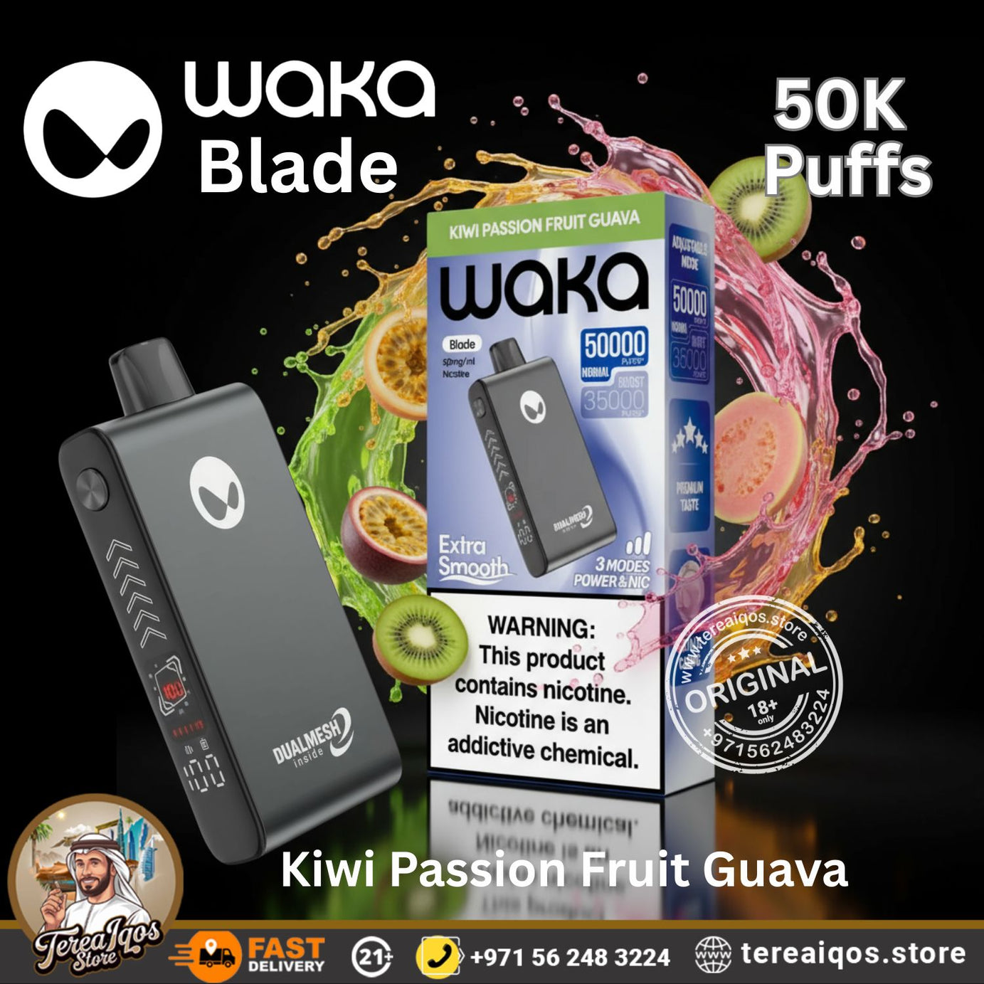 Waka Blade 50000 Puffs Disposable Vape Kiwi Passion Fruit Guava Flavor