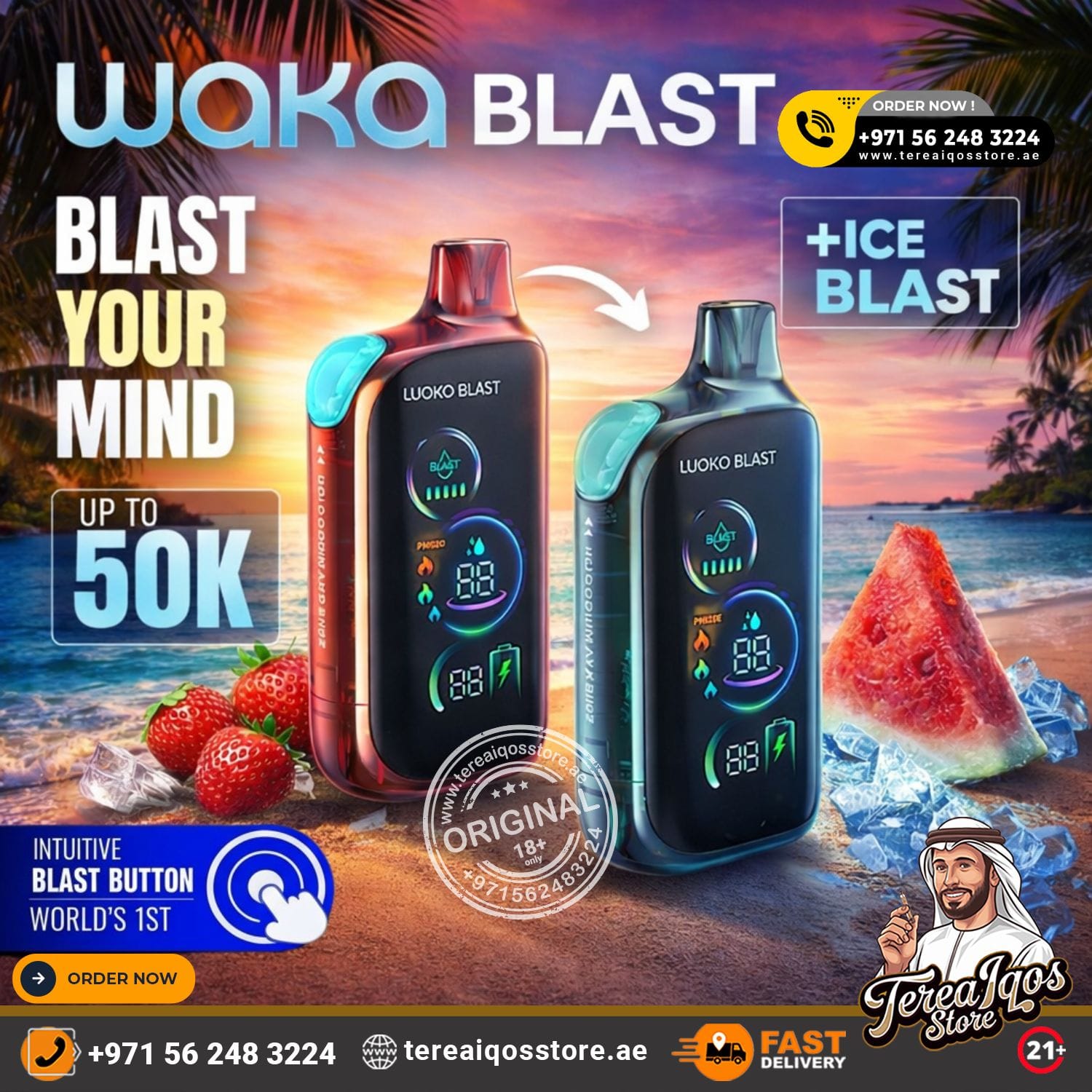 Advertisement for Waka Blast vape devices with beach background and promotional text.