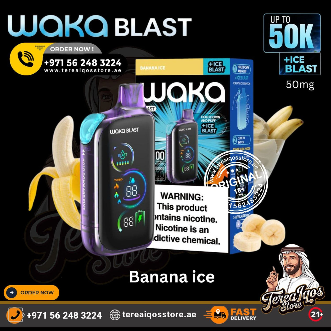 Waka Blast vape device with packaging and banana slices on a black background, featuring branding and contact information.