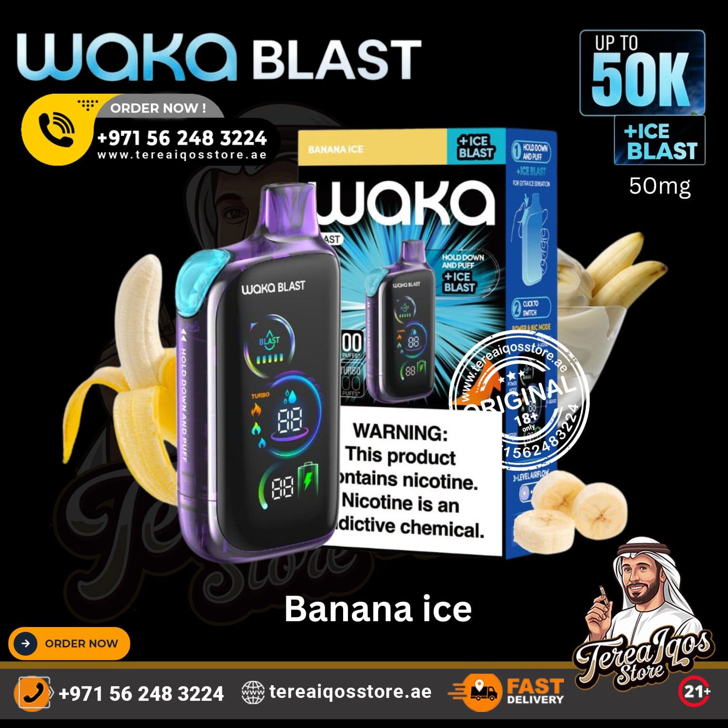 Waka Blast vape device with packaging and banana slices on a black background, featuring branding and contact information.