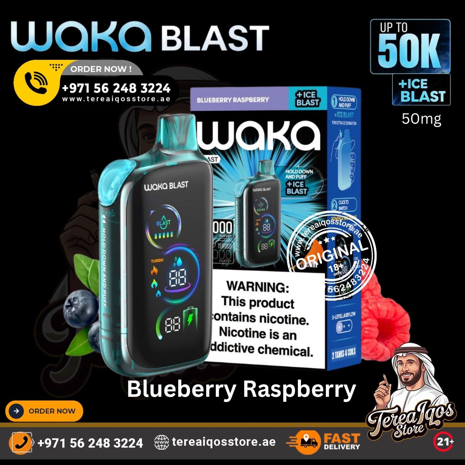 Waka Blast vape device and packaging with branding and contact information on a black background.