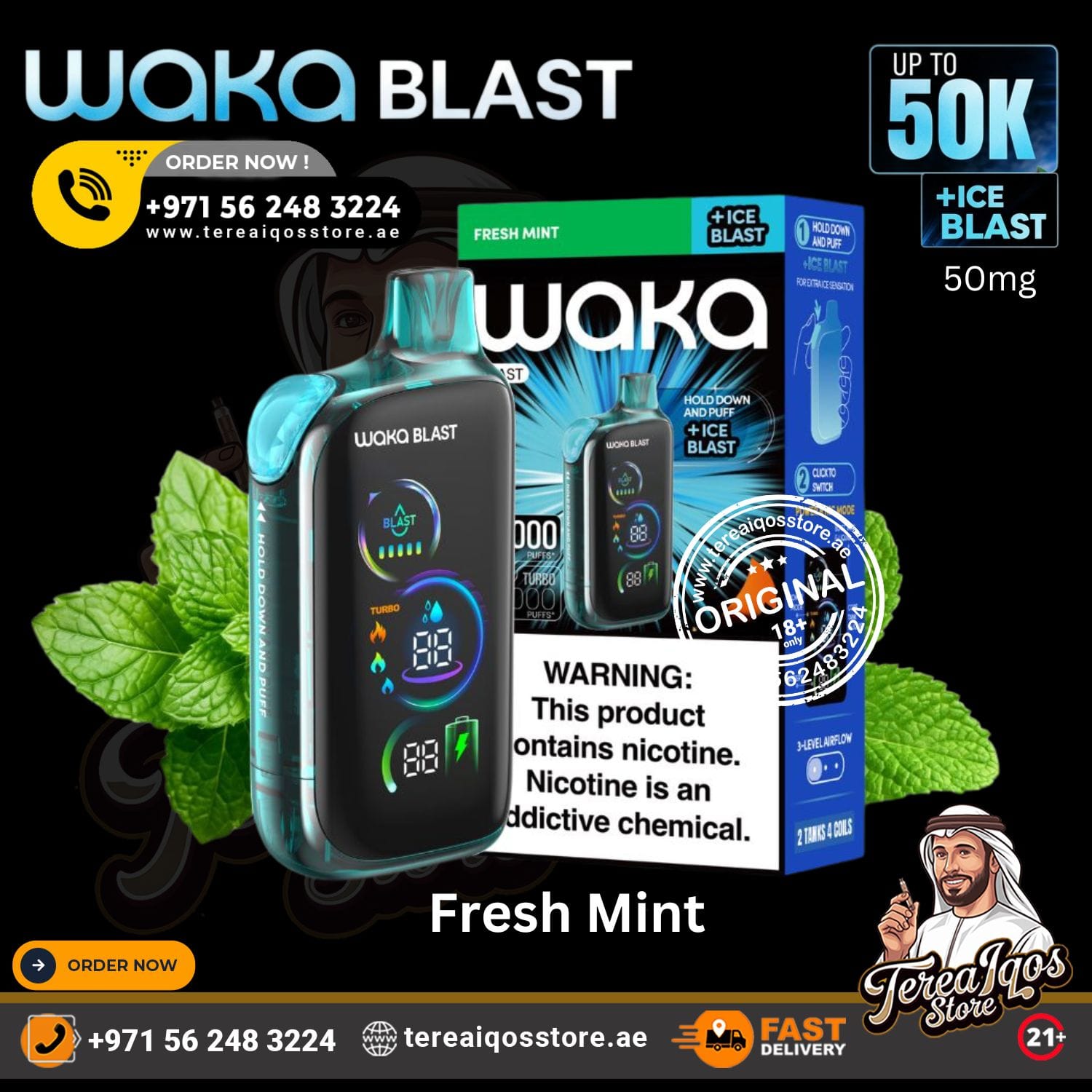 Waka Blast vape device and packaging with mint leaves on a black background