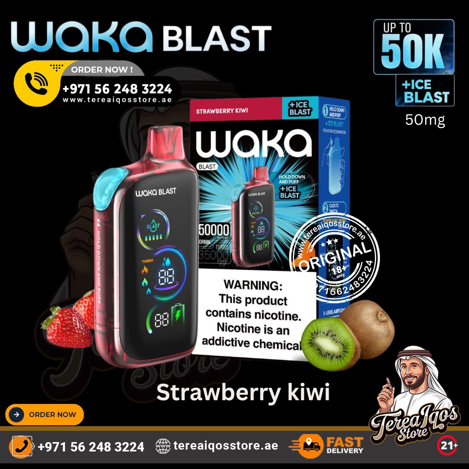 Waka Blast vape device with strawberry kiwi flavor packaging on a black background