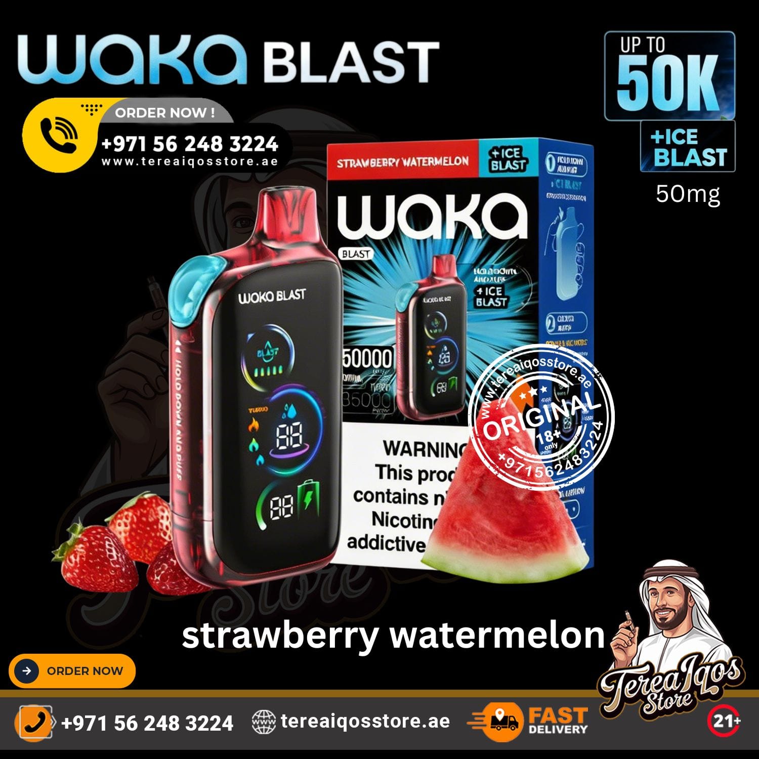 Waka Blast vape device and packaging with strawberry watermelon flavor on a promotional poster.