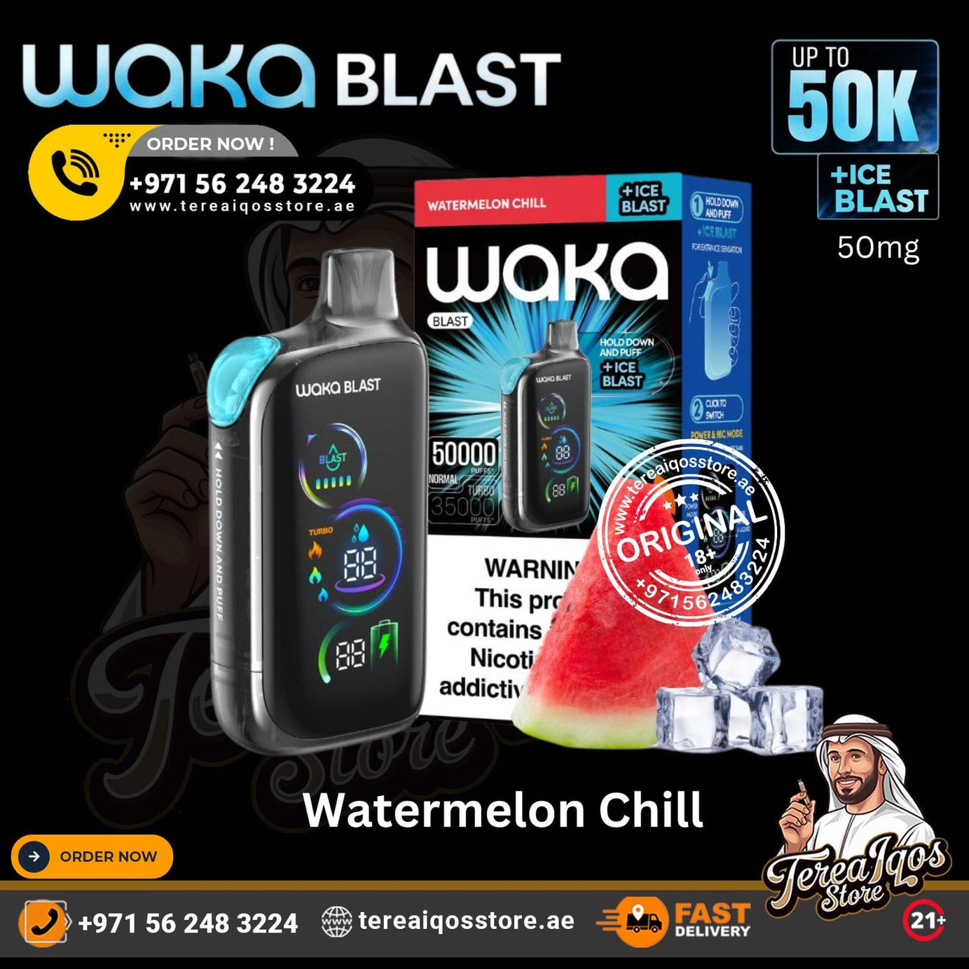 Waka Blast vape device with packaging and watermelon illustration on a promotional poster.