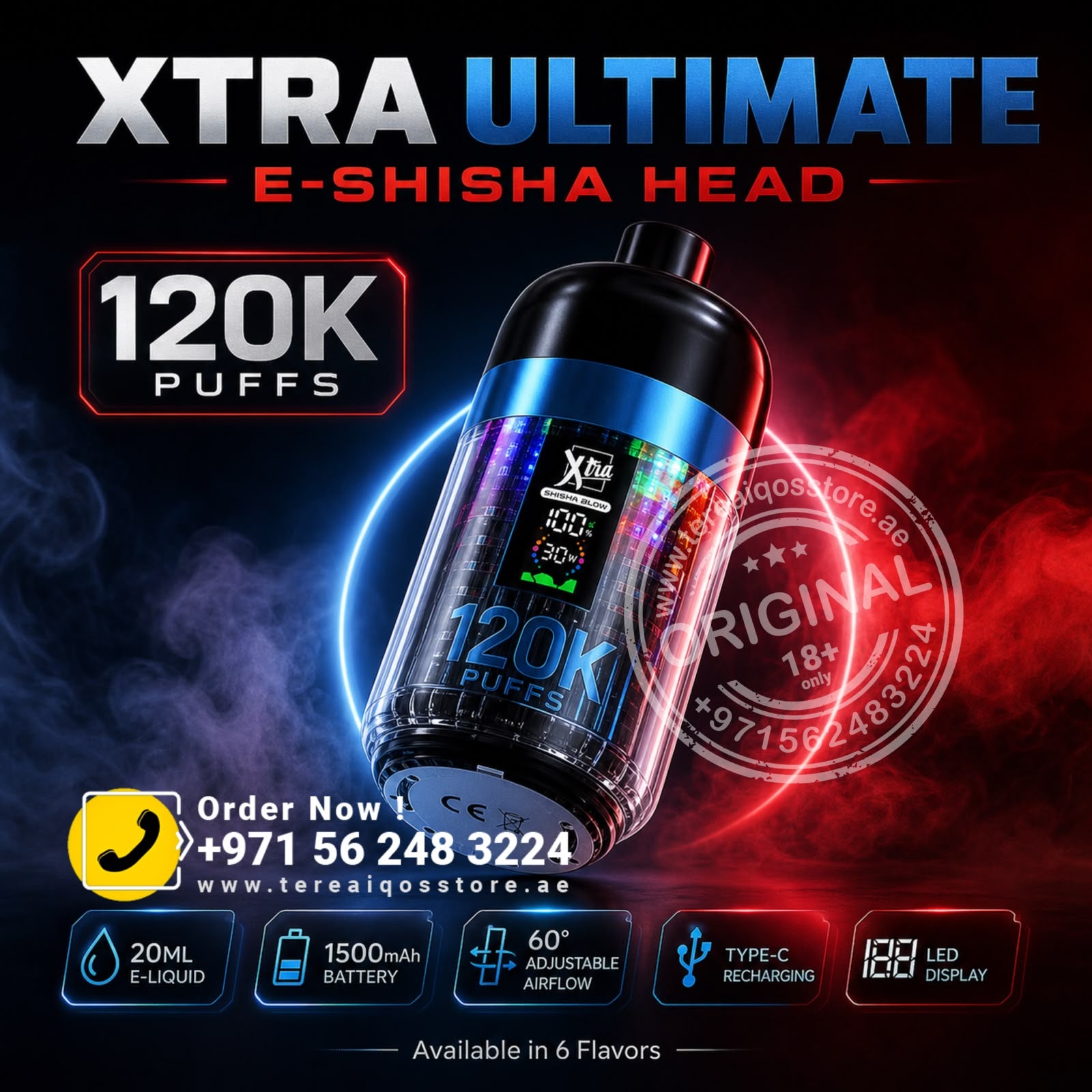 Promotional graphic for the Terealgos Xtra Ultimate E-Shisha Head, showing a 120K puffs disposable vape device with a clear body and black top, set against a dark red and blue background with promotional text and feature icons.