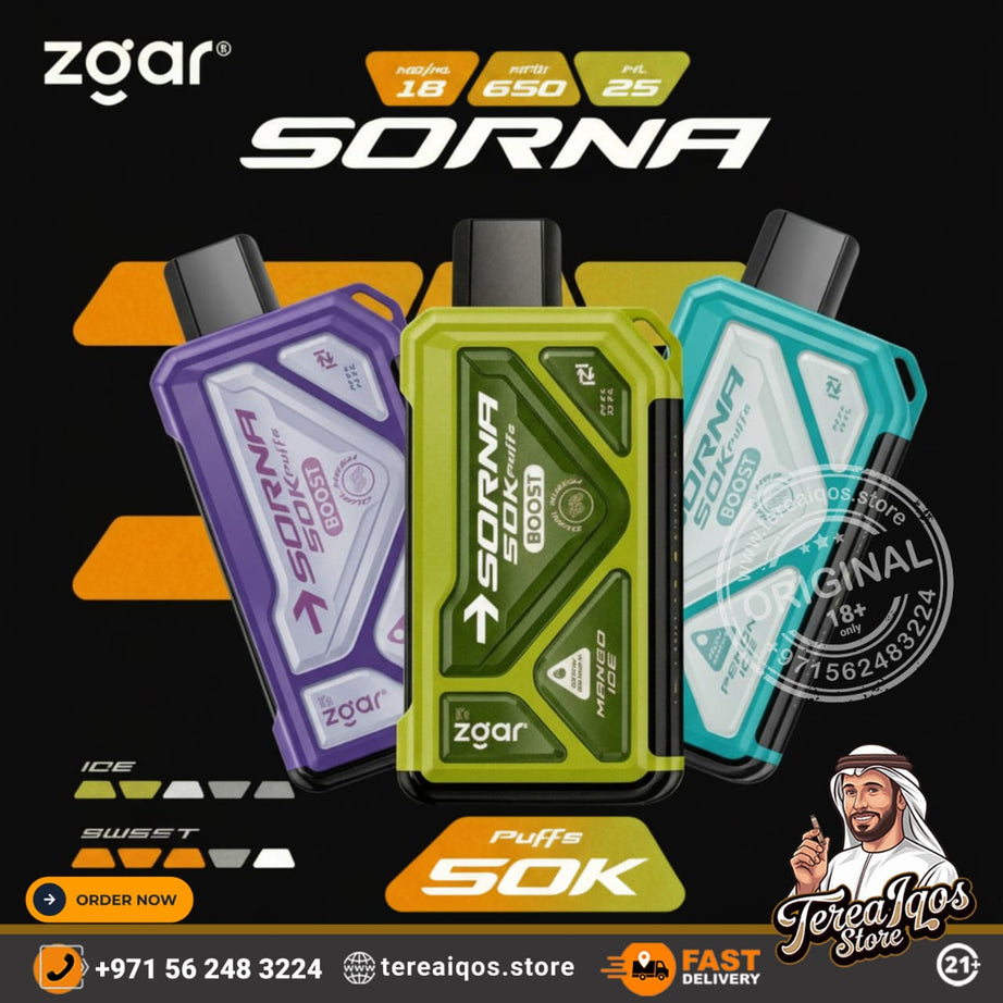 Three Sorna vape devices with colorful packaging on a black background, featuring branding and contact information.