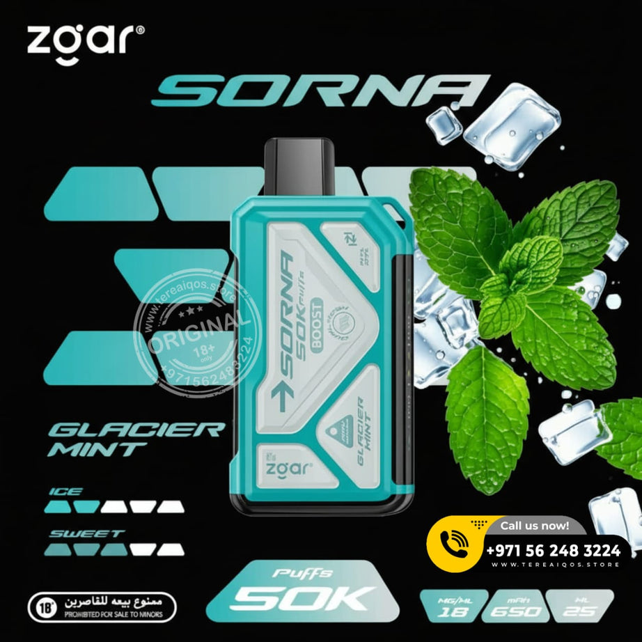 Zgar Sorna Glacier Mint vape device with mint leaves and ice cubes on a black background
