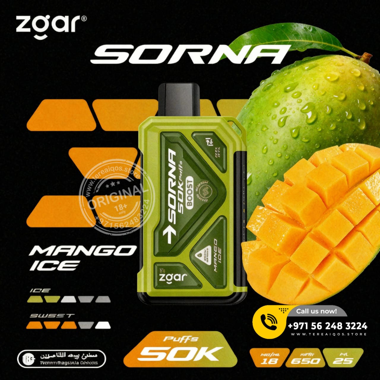 Zgar Sornna Mango Ice vape device with mangoes on a black background