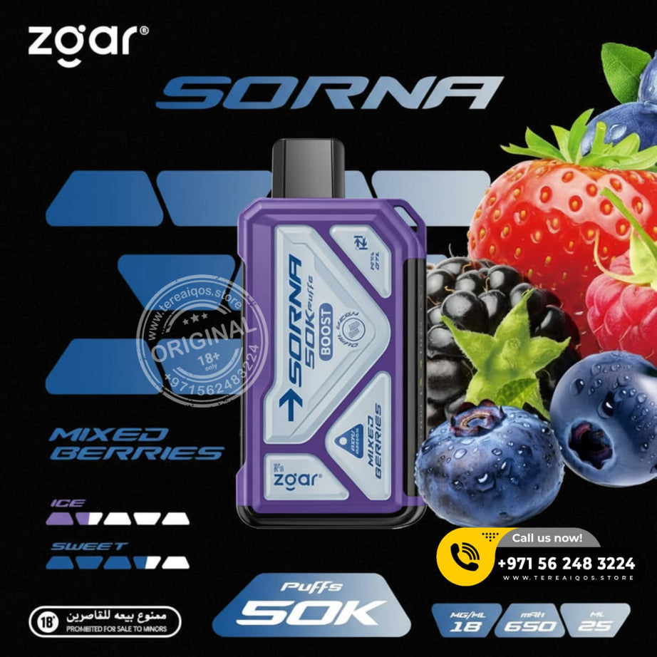 Zgar Sorna vape device with mixed berries flavor on a black background