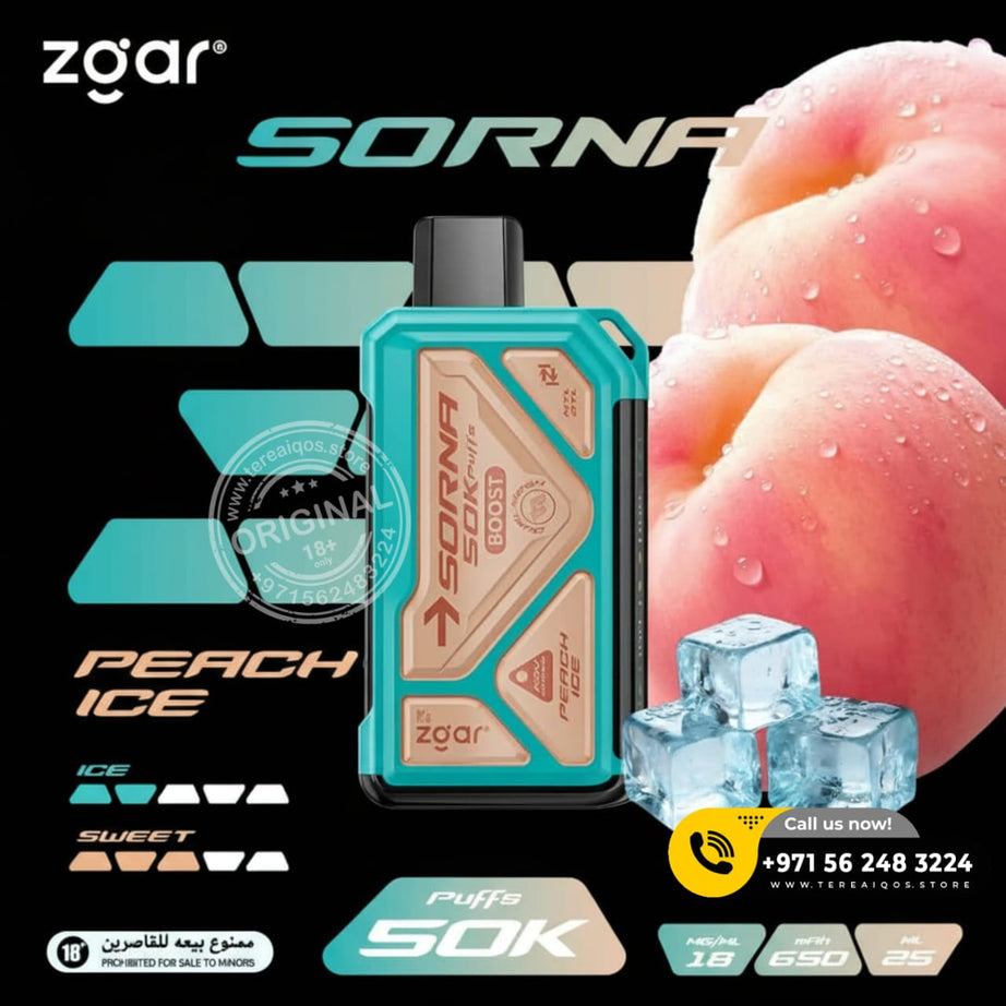 Zgar Sorna vape device with peach ice flavor on a black background