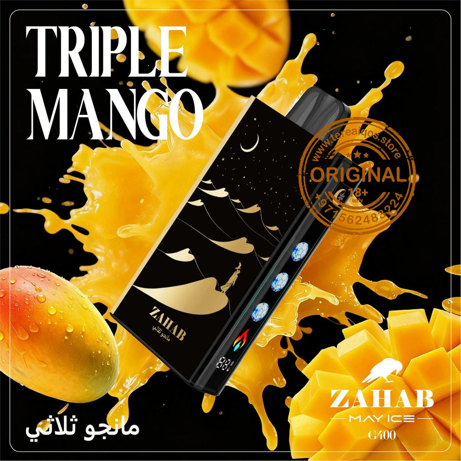 Zahab vape device with mango flavor on a black background