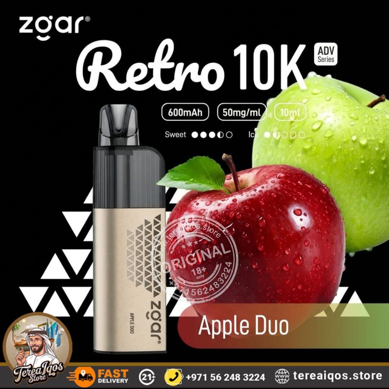 Zgar Retro 10K vape device with apples on a black background
